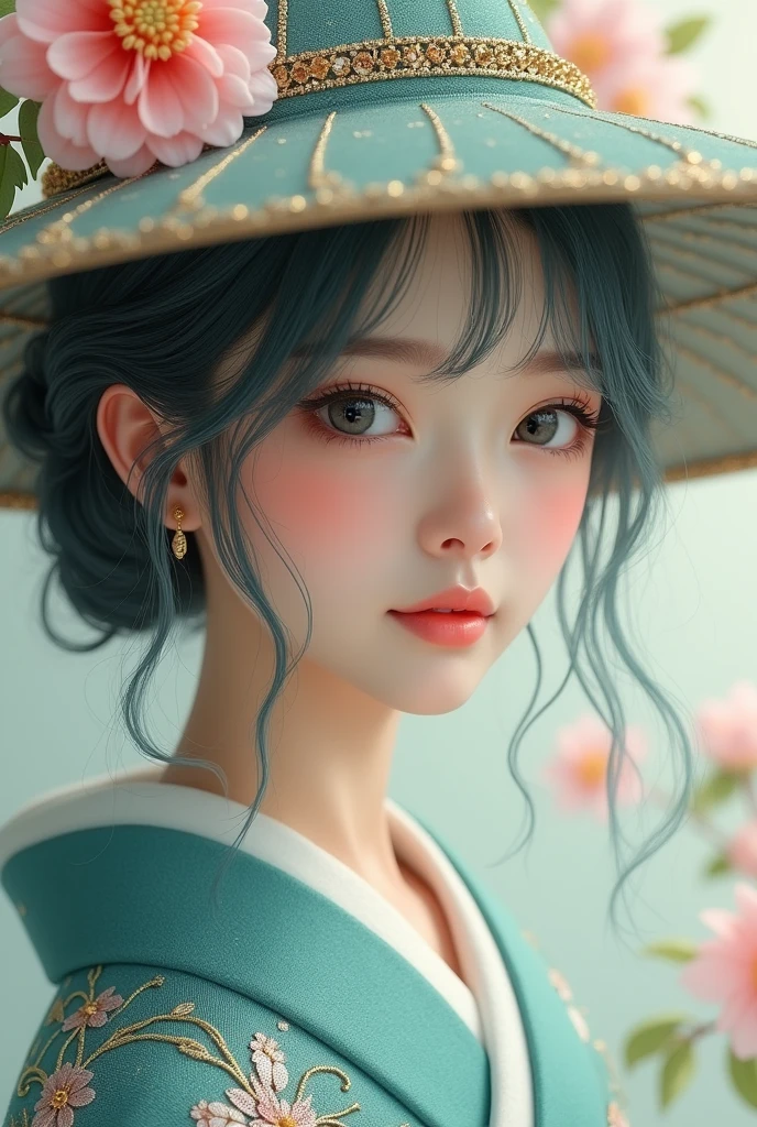 In high resolution、Close-up portrait of a young woman with soft and fantastic beauty。She is fair-skinned and、Large, expressive eyes and long eyelashes、It gives a doll-like impression.。Hair is shoulder length、Slightly wavy、It features a muted bluish hue and soft highlights.。She is wearing a traditional embroidered kimono.、The color is blue-green and gold、The delicate floral pattern drawn with fine lines is distinctive.。A pale blue undergarment can be seen underneath the kimono.。On his head he wears a wide-brimmed pointed hat、Made from a shiny, silky material、It matches the same color scheme as the kimono.。Background of pink and white flowers々is drawn in a blurred state.、The green leaves add contrast。overall、Calm and quiet atmosphere、It adds an element of fantasy。