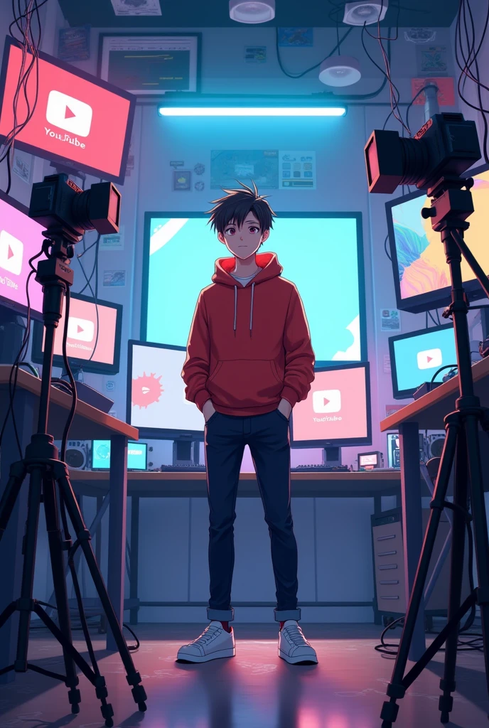 An anime boy, stand on his youtube setup, seeing in camera