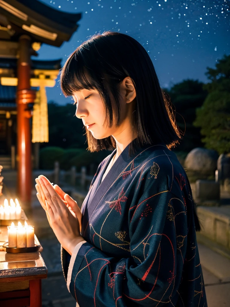 Black-haired Japanese woman praying at a shrine, starry sky