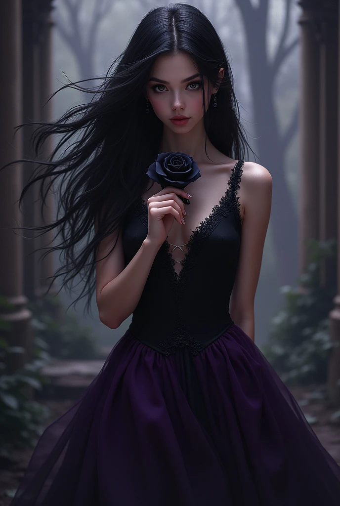 A black-haired girl in a black and purple dress with a black rose in her hand , but not Asian who looks half Latin American