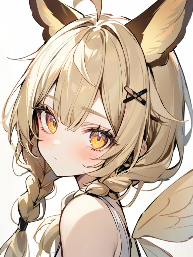 1girl, ahoge, animal ears, bangs, bare shoulders, blonde hair, blush, closed mouth, eyeshadow, hair ornament, hairclip, long hair, looking at viewer, portrait, sketch, solo, upper body, white background, x hair ornament, yellow eyes,moth ears, white clothes, eyelashes in the form of wings, hair tied in two braids, beige shimmers with white, white at the tips