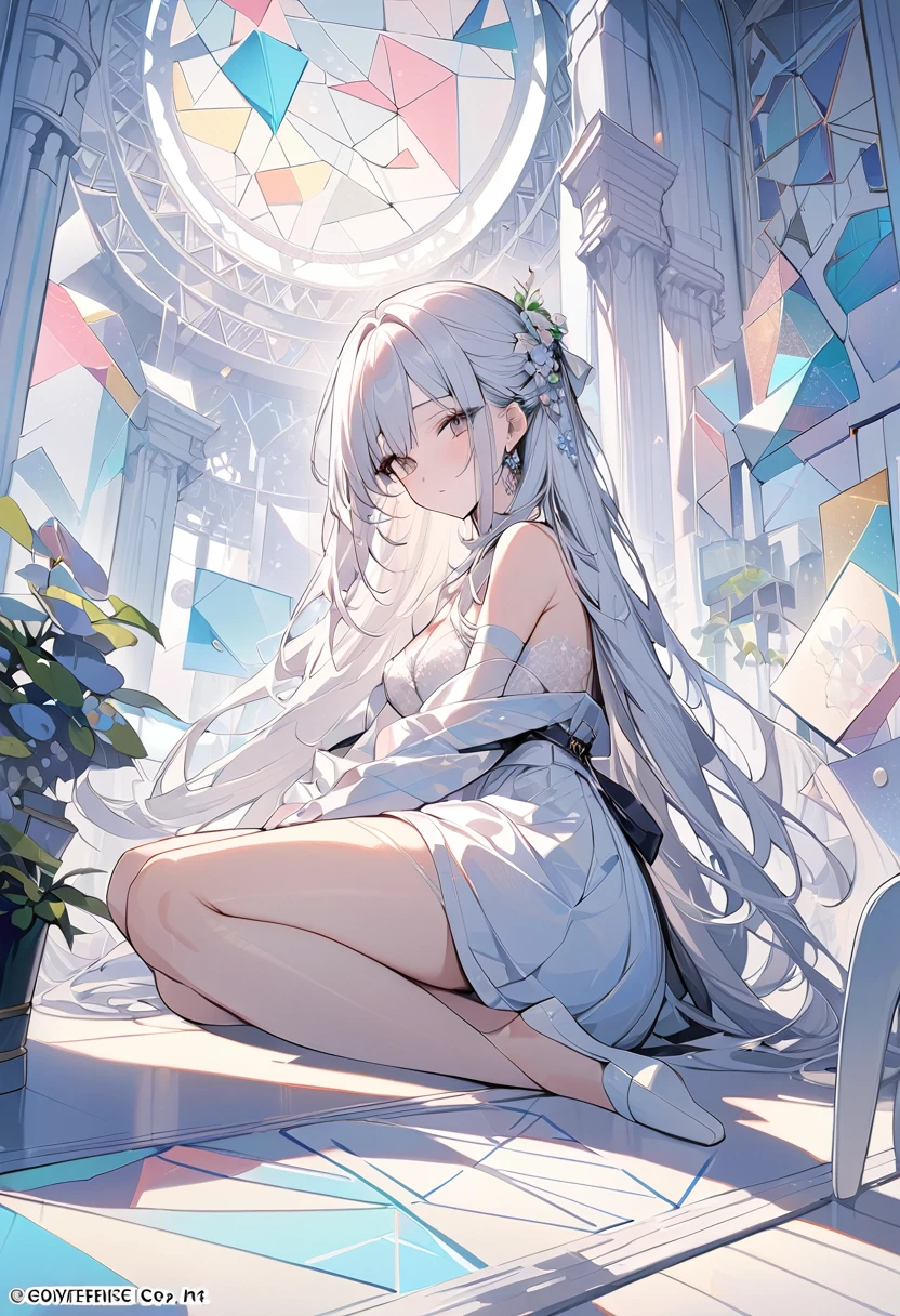 ,beautiful flower々), (masterpiece, Highest quality), Official Art, beautifully、aesthetic: 1.2), (1 girl), Very detailed, (Geometry Art: 1.3), colorful、White long hair、