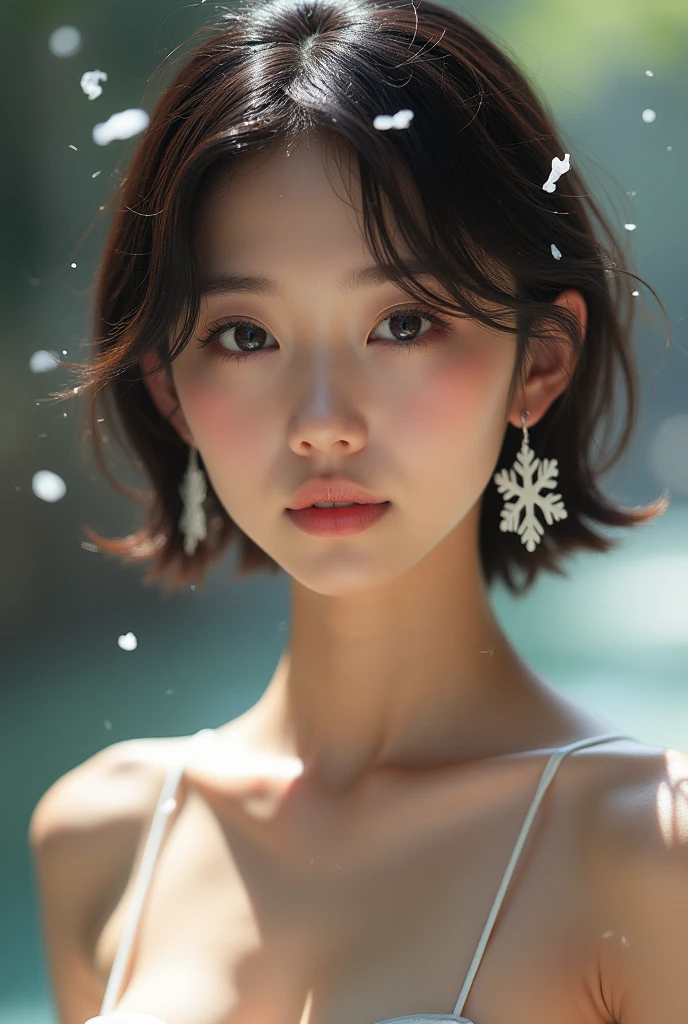1 girl, (strapless micro bikini:1.5), (Looking into the camera)、Beautiful Japanese actresses, ((Small, flat chest:1.5))、Photogenic, ((Close-up of face:1.5))、Yukihime, Long eyelashes, Snowflake Earrings,strapless micro bikini、
(RAW Photos, highest quality), (reality, reality的:1.4), (Flying debris),
Beautiful details, Beautiful lip detail, Highly detailed eyes and face,
BREAK is perfect anatomy, The whole body is thin, Small breasts, (short hair:1.3), Angel'smile,
Crystal Skin, Wake up, Capture the light