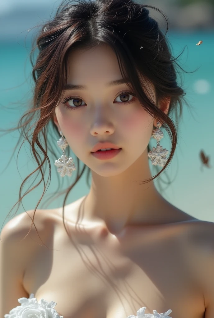 1 girl, (strapless micro bikini:1.5), (Looking into the camera)、Beautiful Japanese actresses, ((Small, flat chest:1.5))、Photogenic, ((Close-up of face:1.5))、Yukihime, Long eyelashes, Snowflake Earrings,strapless micro bikini、
(RAW Photos, highest quality), (reality, reality的:1.4), (Flying debris),
Beautiful details, Beautiful lip detail, Highly detailed eyes and face,
BREAK is perfect anatomy, The whole body is thin, Small breasts, (short hair:1.3), Angel'smile,
Crystal Skin, Wake up, Capture the light