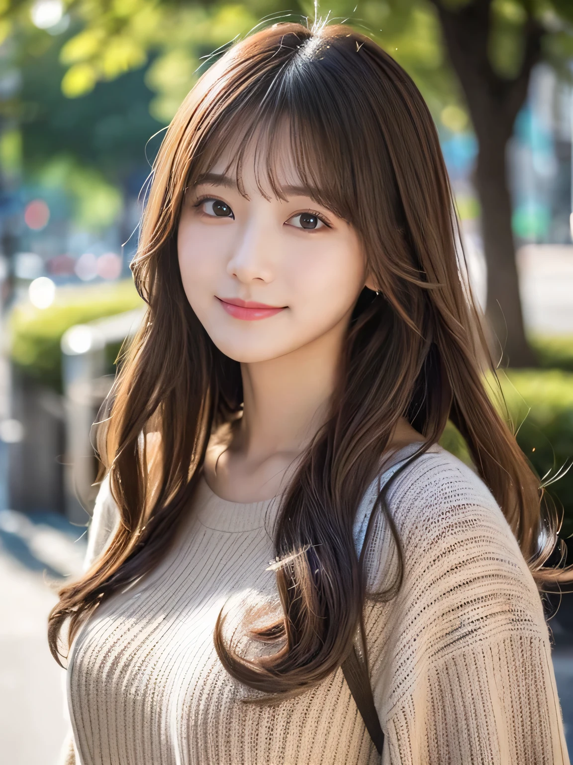 masterpiece、1 beautiful girl、delicate eyes、puffy eyes、top quality, 超High resolution, (facticity: 1.4)、Japanese、Asian Beauty、Super beautiful、beautiful skin、A slender one、front Photo、(surreal)、(High resolution)、(8k)、(Very detailed)、(beautiful delicate eyes)、(Super detailed)、、a delicate face、Bright lights、professional lighting、looking at the audience、Face straight ahead、(Clothing is a knitted dress)、long hair, Messy hair, Asymmetric bangs、brown hair、Japan idle、Korean idol、Posing a gravure idol、、25 years old、High target, Smile, park scene、