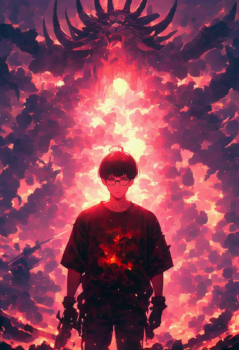 boy wear glasses, 8k,messy bowlcut hair, black hair, black shirt with "ARISHIMA" text on it