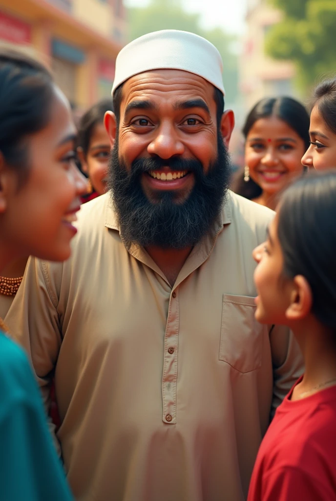 Fat  and short muslim man with white topi and short black beard with girls