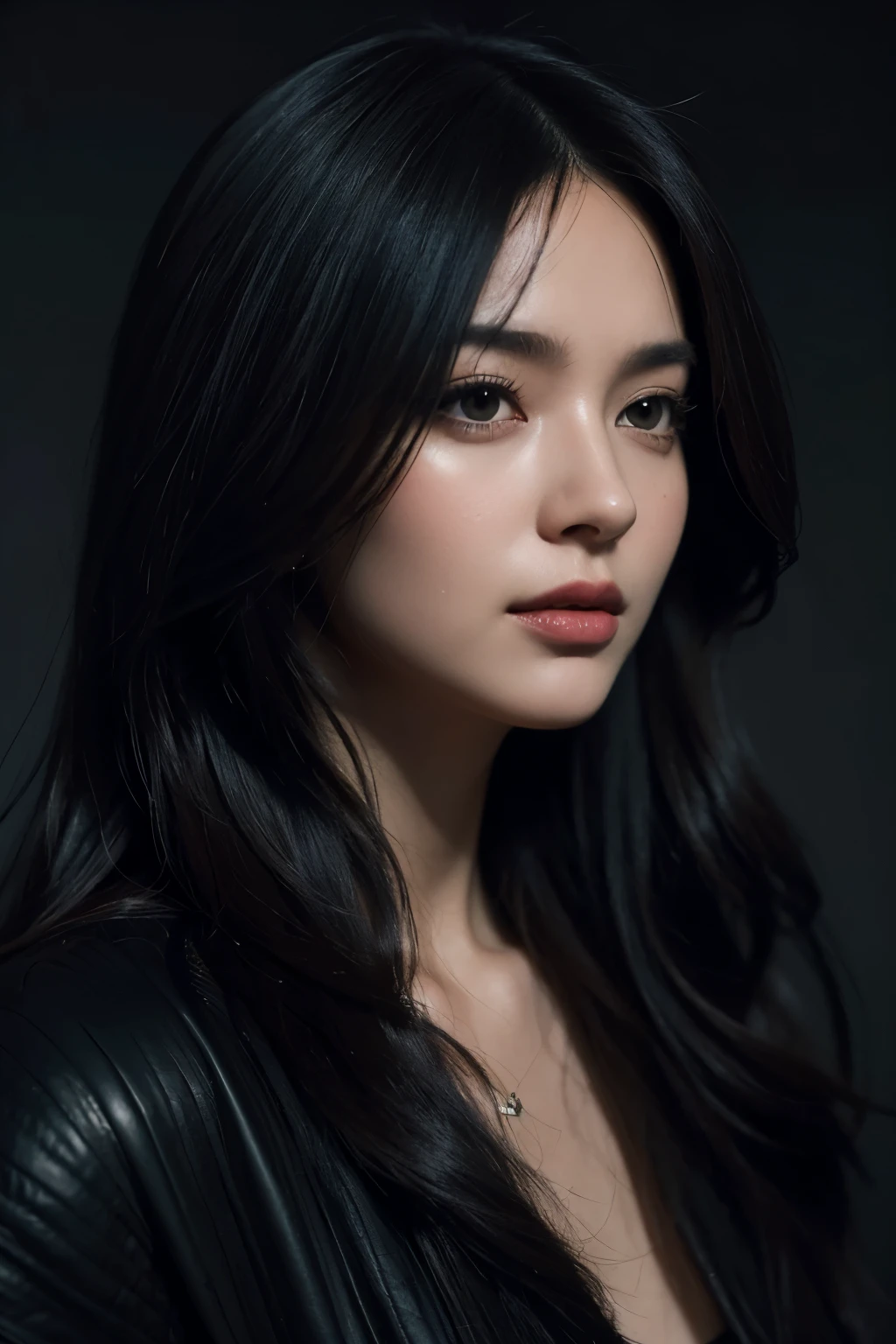 a beautiful woman, in the style of texture-rich layers, dark black and light black, the pictures generation, natural lighting, textural layers, celebrity image mashups, wavy --ar 9:16 --stylize 750 --v 6, portrait photography, cinematic
