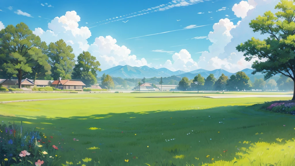 Sunny day weather on beautiful blue sky and green grass. Japanese illustration style.