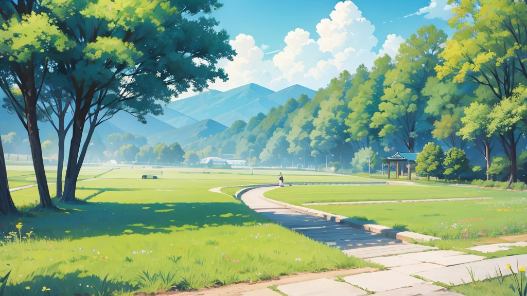 Sunny day weather on beautiful blue sky and green grass. Japanese illustration style.