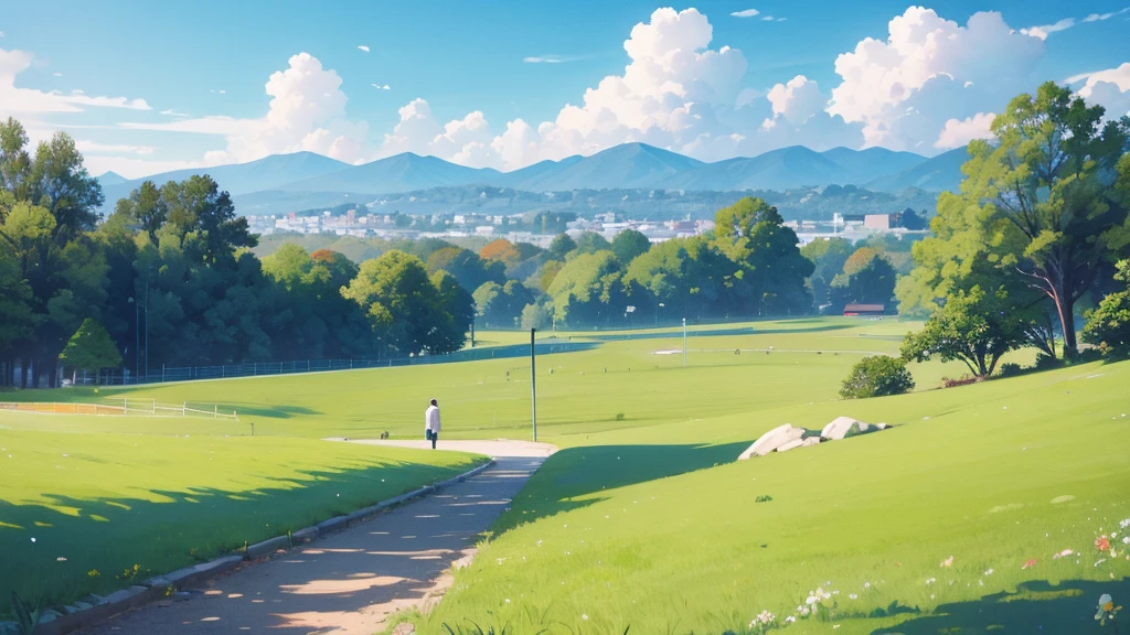 Sunny day weather on beautiful blue sky and green grass. Japanese illustration style.