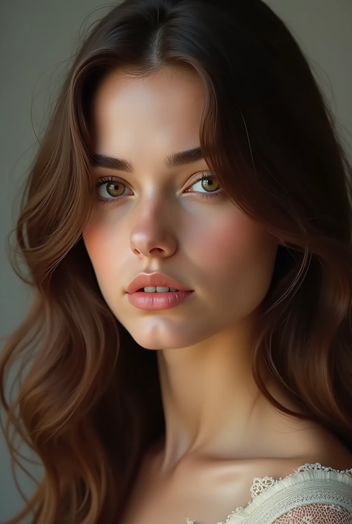 Visage femme brune 24ans cheveux  européen 