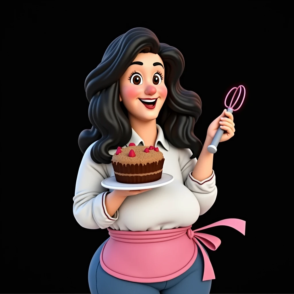 Cartoon character of a stylish woman in a pink apron, Grinning, black wavy hair, brown aligned eyes, big flat nose, in the left hand is holding a whip and in the right hand is holding a large cake, an animated character, stylized character, animation style rendering, 3d stylized, Arnold Maya rendering, Stylized 3D rendering, toon render screenshot, 3d character, 3d character, Stylized 3D rendering, 3D character rendering, cartoon character, Personagem de close up, character posing, (Pixar-style) (master part:1.2) (bokeh) (best qualityer) (skin detailed) (detailed texture) (8k) (Argilla) (cinematic lighting) (sharp focus,Sit down and lift your upper body
