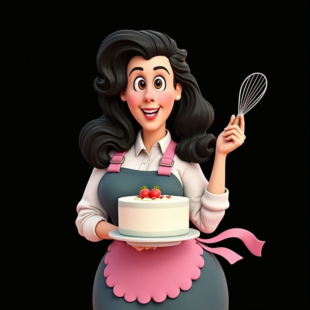 Cartoon character of a stylish woman in a pink apron, Grinning, black wavy hair, brown aligned eyes, big flat nose, in the left hand is holding a whip and in the right hand is holding a large cake, an animated character, stylized character, animation style rendering, 3d stylized, Arnold Maya rendering, Stylized 3D rendering, toon render screenshot, 3d character, 3d character, Stylized 3D rendering, 3D character rendering, cartoon character, Personagem de close up, character posing, (Pixar-style) (master part:1.2) (bokeh) (best qualityer) (skin detailed) (detailed texture) (8k) (Argilla) (cinematic lighting) (sharp focus,Sit down and lift your upper body