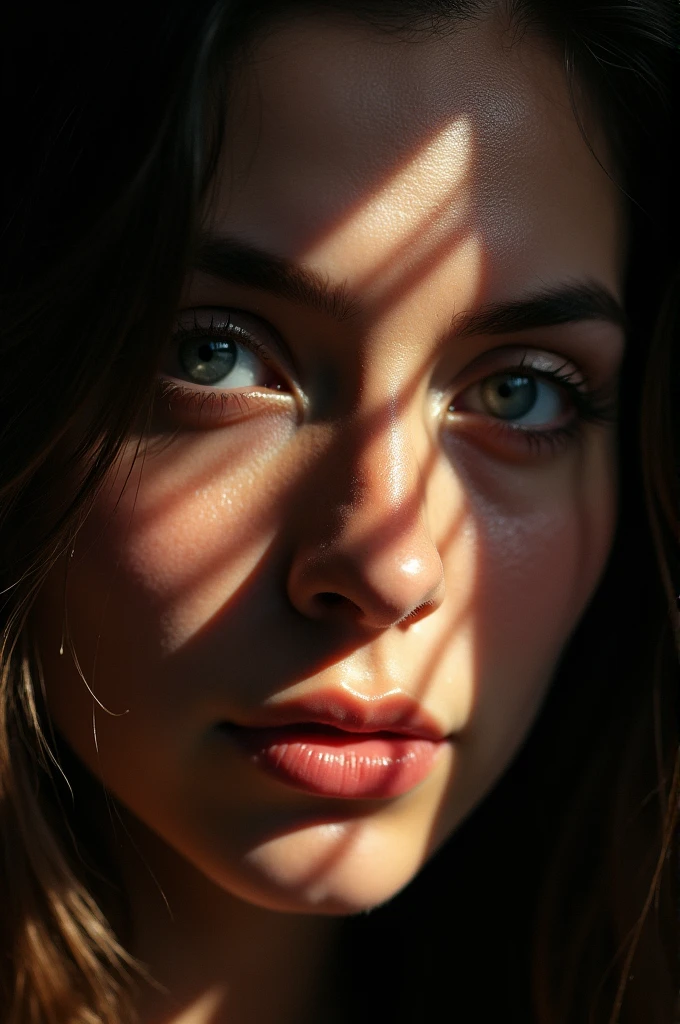 Une photo d'un (visage baigné de lumière structurée:1.3), (ombres tachetées:1.2), (regard captivant:1.1), (contraste de lumière et de texture:1.2), interaction artistique, (rayures lumineuses nettes:1.1), (Iris détaillé:1.1), Sony α7R IV, 1/320s, F/2.8, ISO 400, (Expression énigmatique:1.2), (contours du visage mis en valeur:1.1), (Portrait intime:1.2), Format de fichier RAW, (rythme visuel:1.1), (contraste intrinsèque:1.2).
