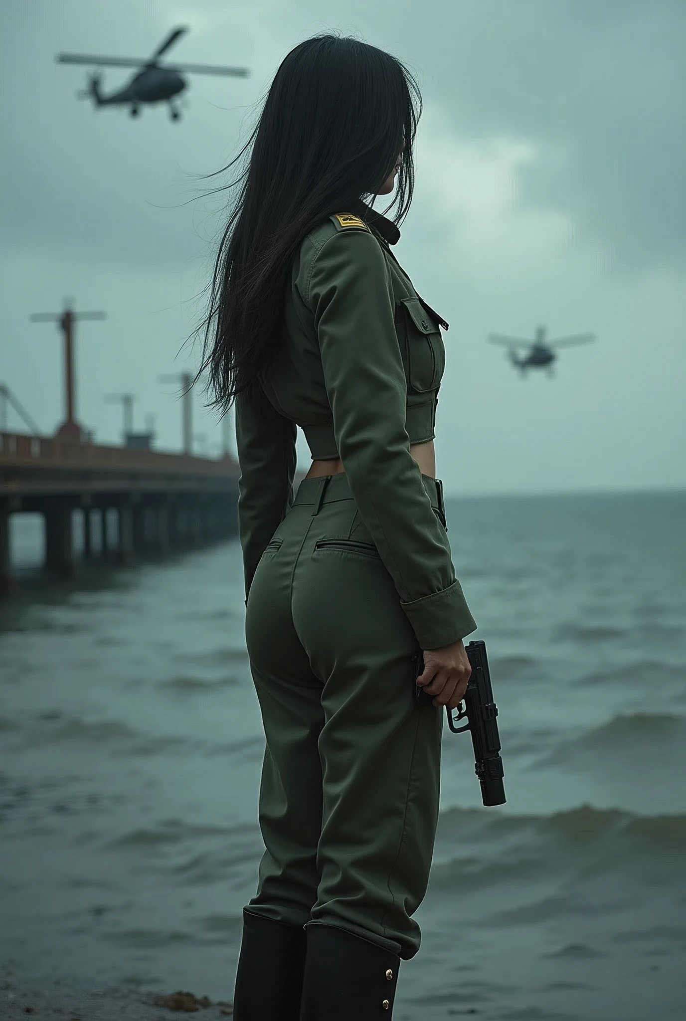 A 30-year-old woman with long black hair wearing military uniform.,Boots， trousers，high-heel boots，full-body shot，side，War Background，seaside，Iron bridge, Helicopters，Dark clouds sky，Science Fiction, dark的心情, full-body shot片，War atmosphere，Excellent detail，full-body shot片，Film Style，Soviet era，dark，Depressing atmosphere，In the wind and rain，Holding a pistol