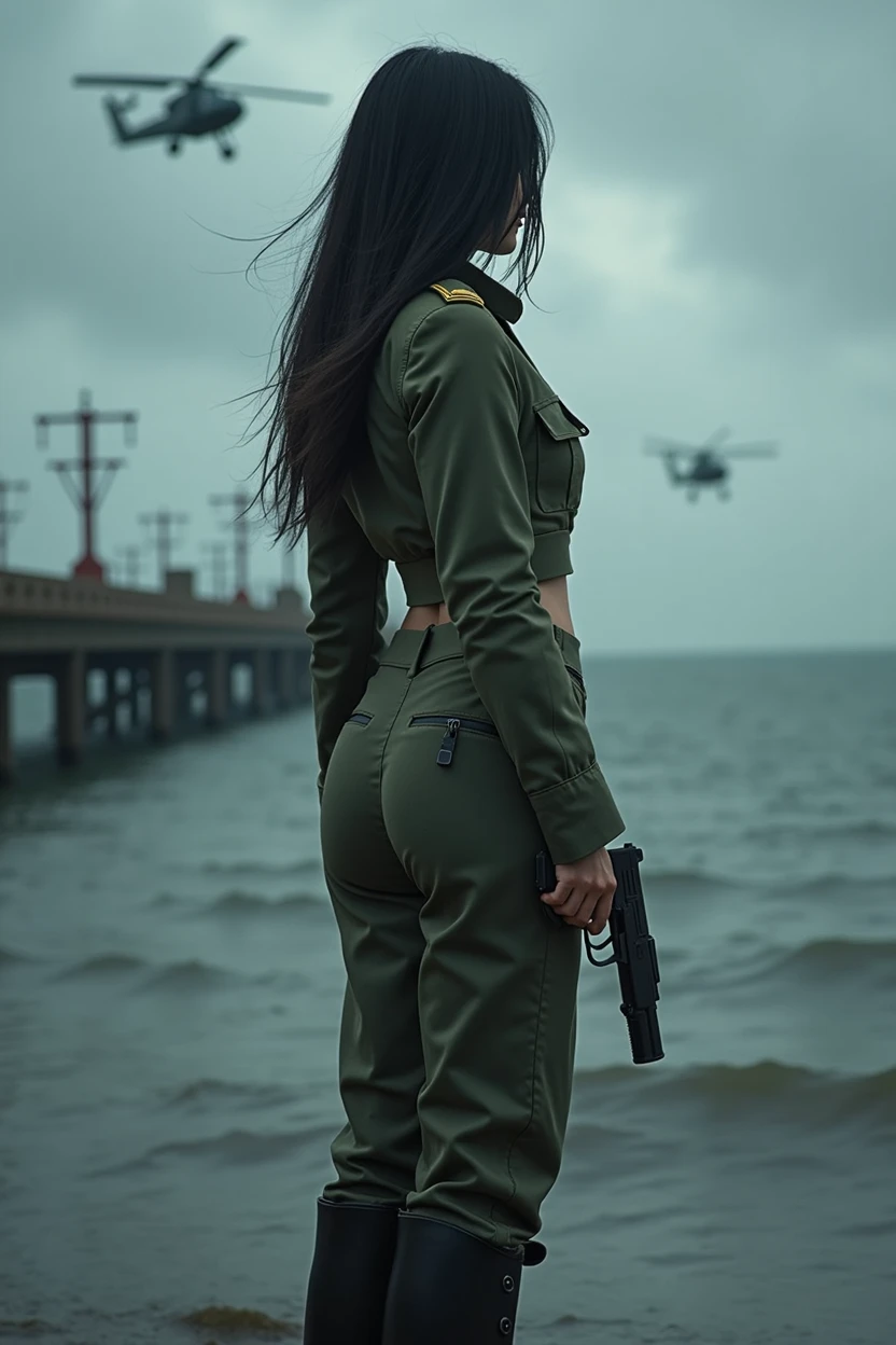 A 30-year-old woman with long black hair wearing military uniform.,Boots, trousers,high-heel boots,full-body shot,Side,War Background,seaSide,Iron bridge, Helicopters,Dark clouds sky,Science Fiction, dark's mood, full-body shot片,War atmosphere,Excellent detail,full-body shot片,Film Style,Soviet era,dark,Depressing atmosphere,In the wind and rain,Holding a pistol