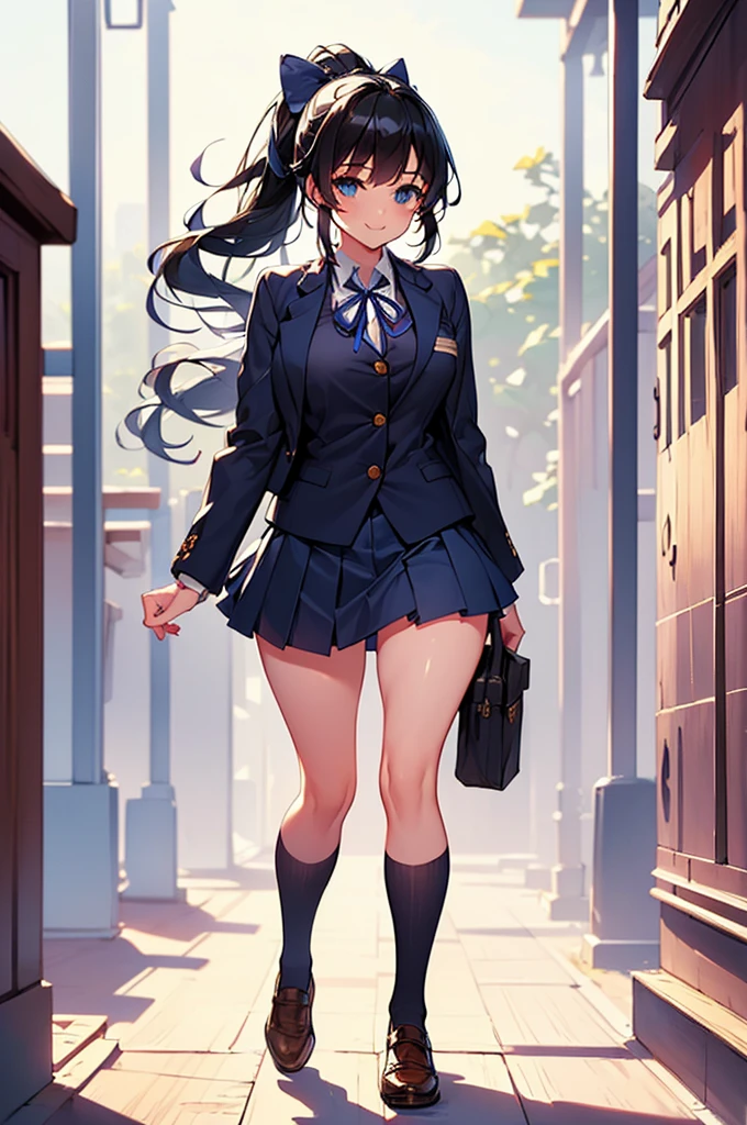 (((beautiful))), (((Navy blue blazer and skirt, ribbon, One Woman, Walking, full body))), ((Black Hair, Long Hair, ponytail, hair ornaments)), Large Breasts, Huge Saggy Tits, Glowing Skin, (((Intricate details))), High resolution, ((Intricate details, Ultra-detailed)), from front, cowboy shot, (looking at viewer, look at viewer), Red cheeks, smile, noon, School classroom,