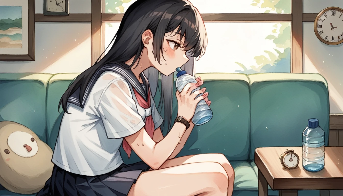 Short-haired boyish girl drinking water、White tightTI'm wearing a shirt