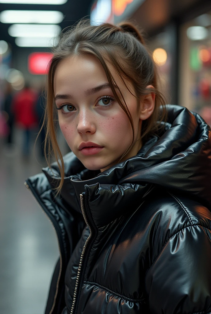 a slim ponytail 16 year old girl,beautiful detailed eyes,beautiful freckles,beautiful detailed lips,extremely detailed eyes and face,longeyelashes,in beautiful detailed hooded formfitting duvetica overfilled shiny super gleamy super thick glossy fully-unzipped puffer jacket covering her zipped super padded skisuit,latex stirrup legging,symmetrical,standing in a pufferstore,masterpiece,cinematic,lifelike,hyperrealistic,8k,photorealistic,highly detailed,intricate,exquisite,elegant,beautiful,stunning, head to toes photo,her bestie is stuck in puffer jacket