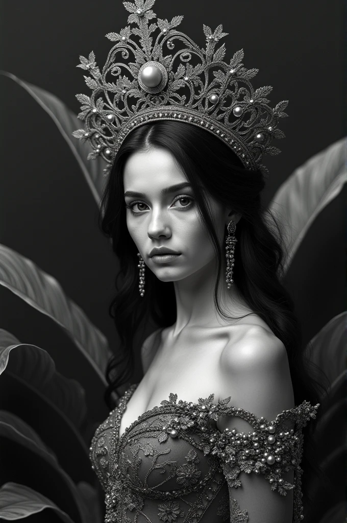 A young Caucasian woman with dark hair and a crown-like headdress wearing an ornate, embellished dress, against a background of Black and White  leaves or foliage