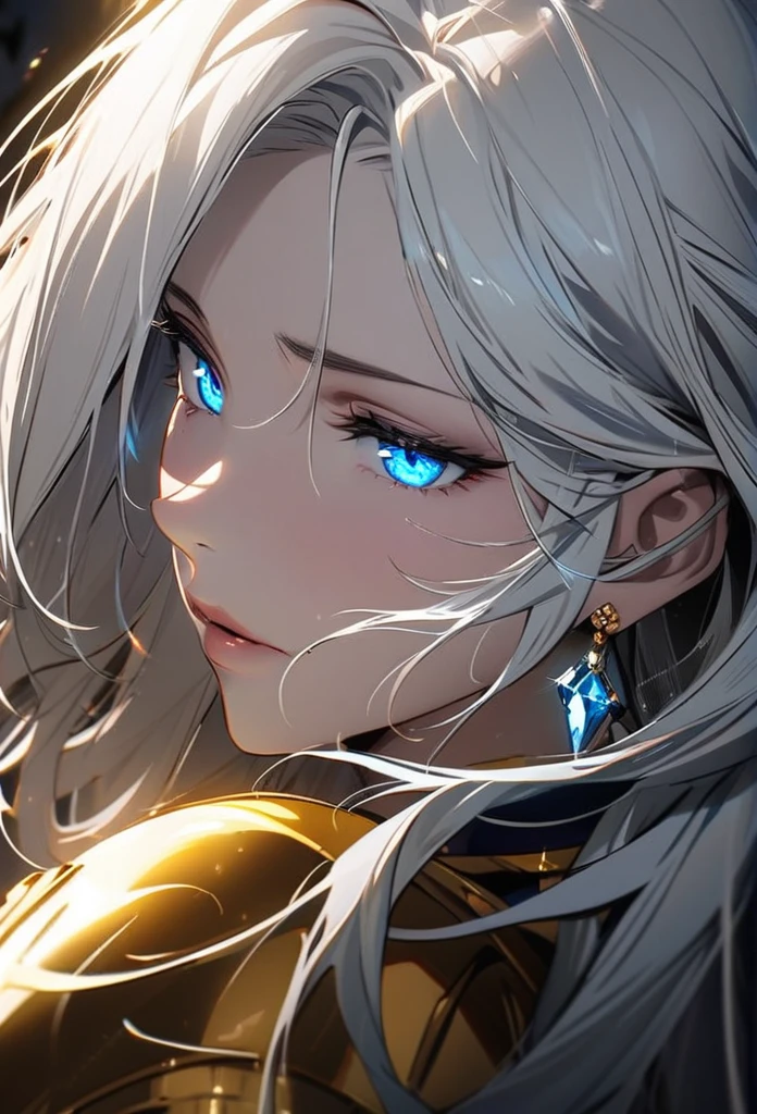 woman, blue eyes, long hair, white hair, mature, god eyes, diamond earrings, glowing eyes, blue eyes, golden armor, half eyes, macro picture, high detail