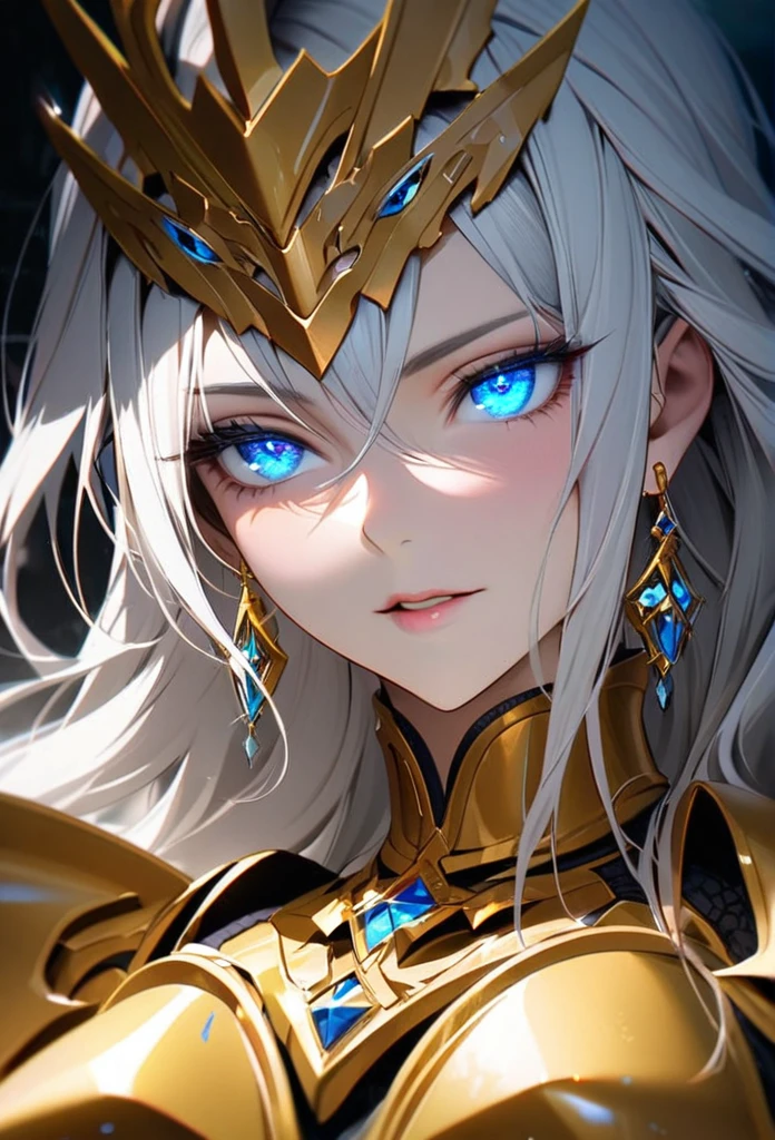 woman, blue eyes,  long hair, white hair, mature, god eyes, diamond earrings, glowing eyes, blue eyes, golden armor, half eyes, macro picture, high detail