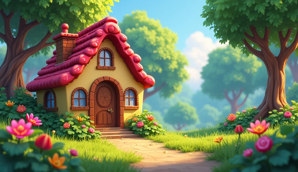 disney pixar style. mqagic forest, house candy made. full color.