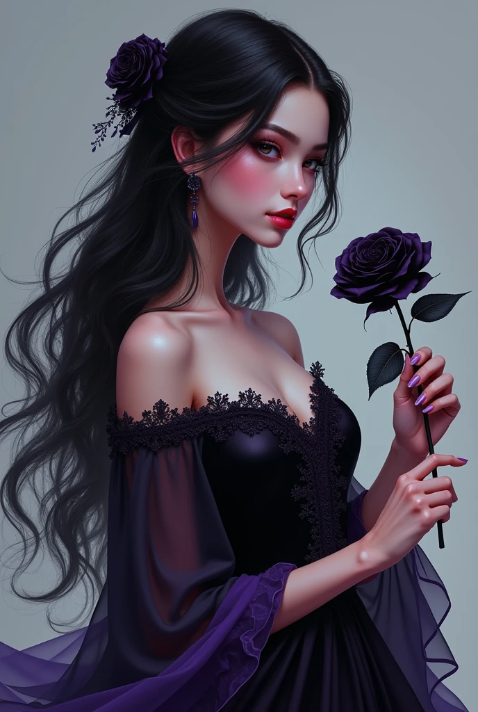 A black-haired girl in a black and purple dress with a black rose in her hand , but not Asian who looks Spanish