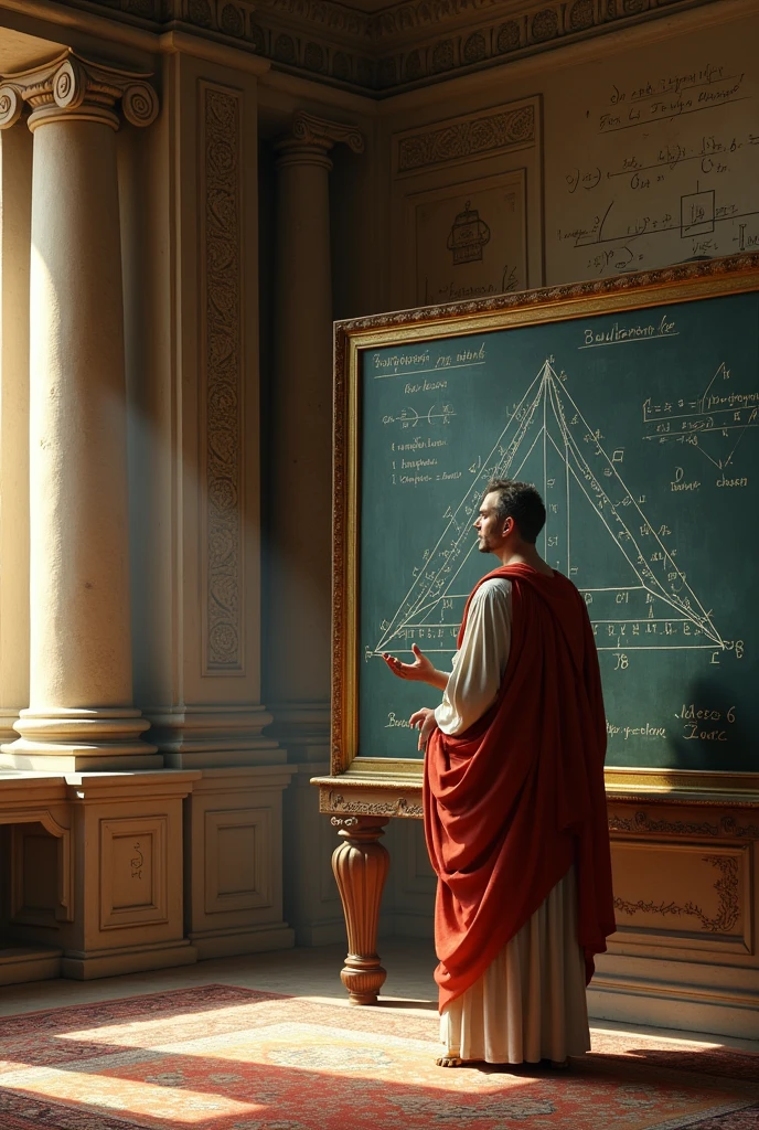 A classical scene featuring Pythagoras in an ancient Greek setting, demonstrating the Pythagorean theorem on a large chalkboard, with a right triangle diagram prominently displayed. The background shows mathematical symbols and ancient Greek architecture."