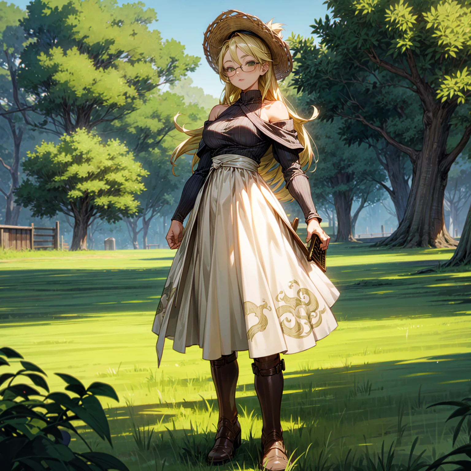 Solo character, full body version, old girl, muscle, green eyes, blonde color hair, long hair, white dress clothing, bare shoulder clothing, boots, outdoor, field, Greenland, medieval, morning, standing gesture, detailed background, detailed clothing, detailed hair, happy eyes, (food wars style art), (dragon ball style art), glasses, big breast, straw hat, book in hand 