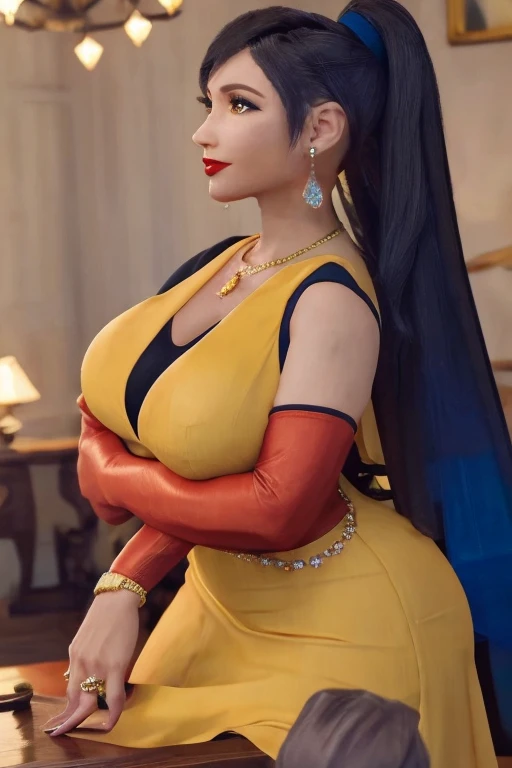 Tifa lockhart, implanted Big breast, long sleeve thin yellow  dress that show body curve with a cleavage,Game,1girl,Jewel ring,Gold chained round shape necklace,Hoopa earring,Bracelet,Red lips,(Dark blue eyeshadow),Big cleavage,hair bun,Beehive Bun style ,black hair,Look at us,Curvy,Unnatural big breast,Cleavage,black color long nail,Swaying hip,Head to waist view,eyes on us,Sculpted calves figure,Thick tights,Wide hips,very big cleavage,Enchanced big breast,((Diamond wedding ring)),Aristoticat ring, Detailed eyes,Busty,don corneo mansion,Madam tifa,View from front,dangerous cleavage,semi sweetheart cleavage,Solo,looking at you,Dignified expression