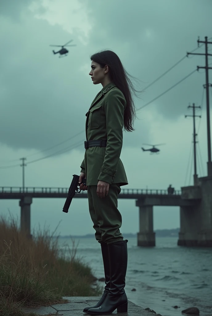 A 30-year-old woman with long black hair wearing military uniform.,Boots, trousers,high-heel boots,full-body shot,side,War Background,seaside,Iron bridge, Helicopters,Dark clouds sky,Science Fiction, dark的心情, full-body shot片,War atmosphere,Excellent detail,full-body shot片,Film Style,Soviet era,dark,Depressing atmosphere,In the wind and rain,Holding a pistol