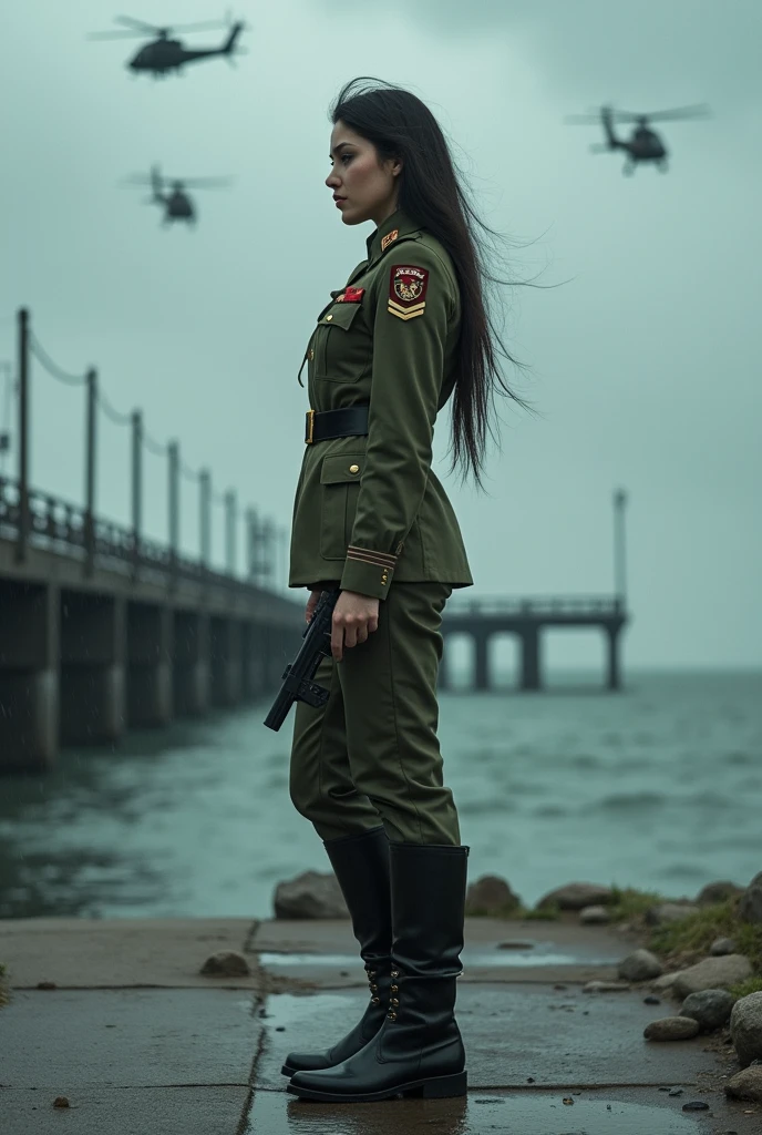 A 30-year-old woman with long black hair wearing military uniform.,Boots， trousers，high-heel boots，full-body shot，side，War Background，seaside，Iron bridge, Helicopters，Dark clouds sky，Science Fiction, dark的心情, full-body shot片，War atmosphere，Excellent detail，full-body shot片，Film Style，Soviet era，dark，Depressing atmosphere，In the wind and rain，Holding a pistol