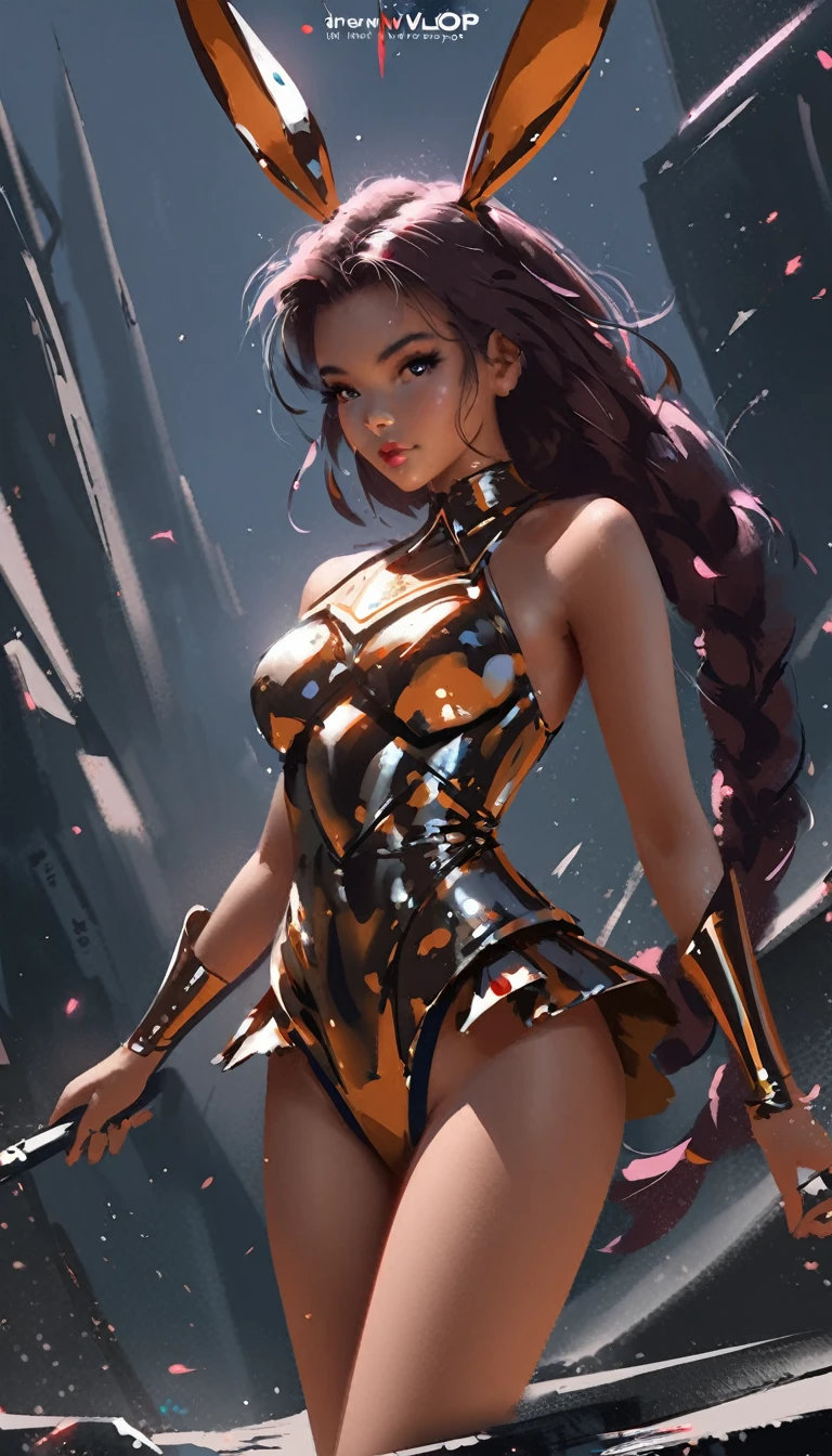 A drawing of a beautifull 29 years old Quenn bunny girl, very longs hairs, braided hairs, skin color neutral tan,strong,wearing purpulish armor, trending on art station, draw by WLOP and Naoko Takeuchi in manga style,