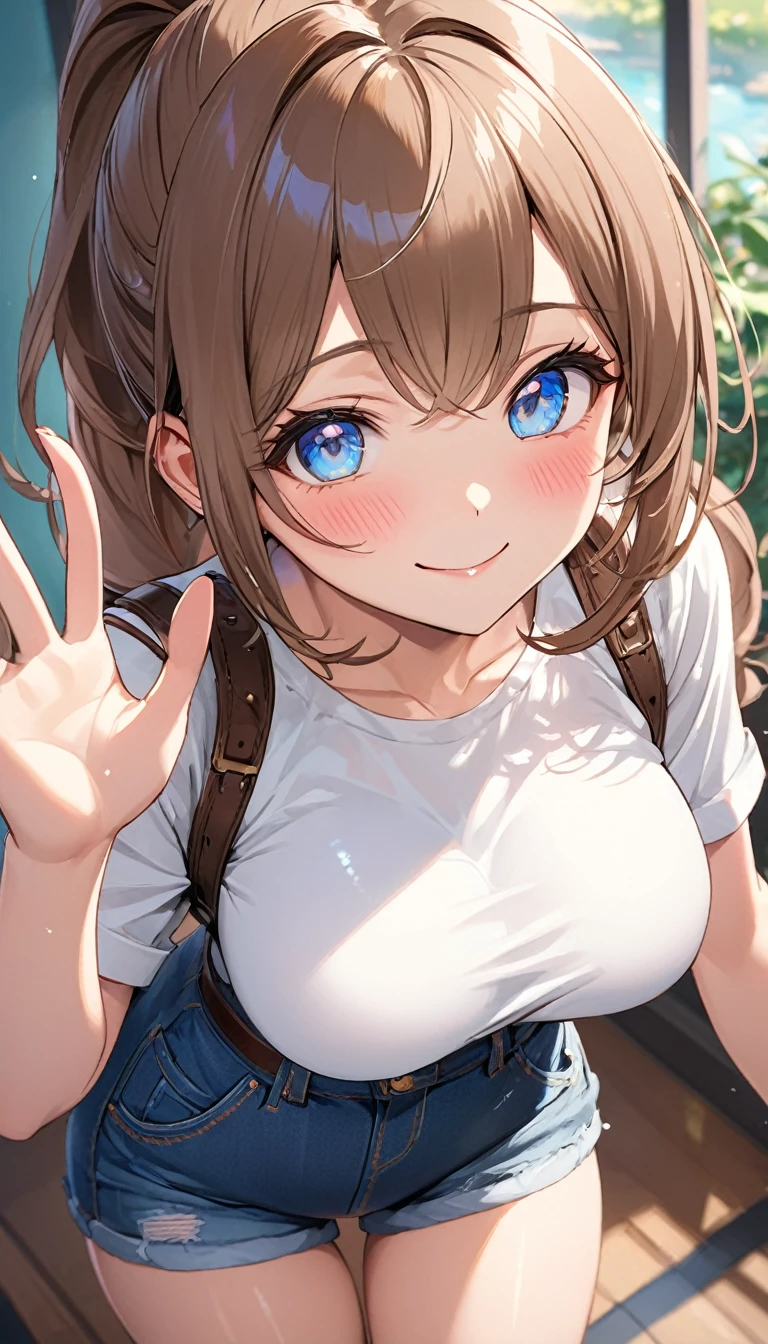 masterpiece, Highest quality, Very detailed, ,The finer details, Anime Style, One Girl, 22 years old, Cute Face、bangs, Large Breasts、Big Ass、Tight waist, front、Long brown hair ponytail、Beautiful Eyes、Light blue eyes, Shiny Hair, Look at the photographer､ とってもCute Face, smile、The gesture of waving one's right hand, White shirt,、denim 、Shallow depth of field、Looking up、Embarrassed face