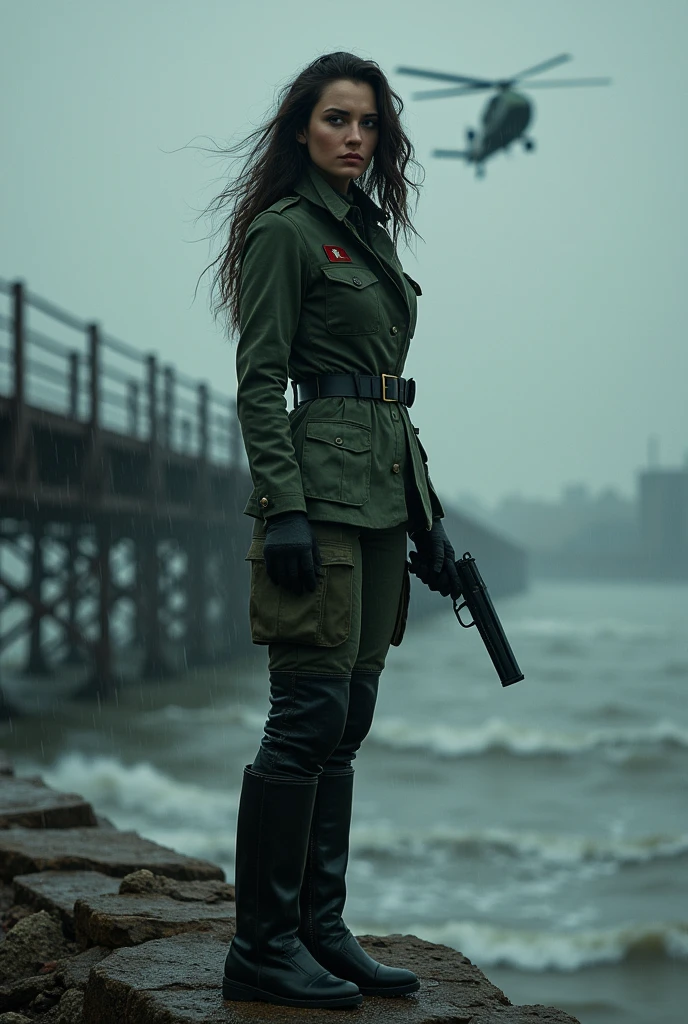 A 30-year-old woman with long black hair wearing military uniform.,Boots， trousers，high-heel boots，full-body shot，side，War Background，seaside，Iron bridge, Helicopters，Dark clouds sky，Science Fiction, dark的心情, full-body shot片，War atmosphere，Excellent detail，full-body shot片，Film Style，Soviet era，dark，Depressing atmosphere，In the wind and rain，Holding a pistol
