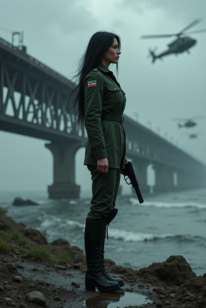 A 30-year-old woman with long black hair wearing military uniform.,Boots, trousers,high-heel boots,full-body shot,side,War Background,seaside,Iron bridge, Helicopters,Dark clouds sky,Science Fiction, dark的心情, full-body shot片,War atmosphere,Excellent detail,full-body shot片,Film Style,Soviet era,dark,Depressing atmosphere,In the wind and rain,Holding a pistol