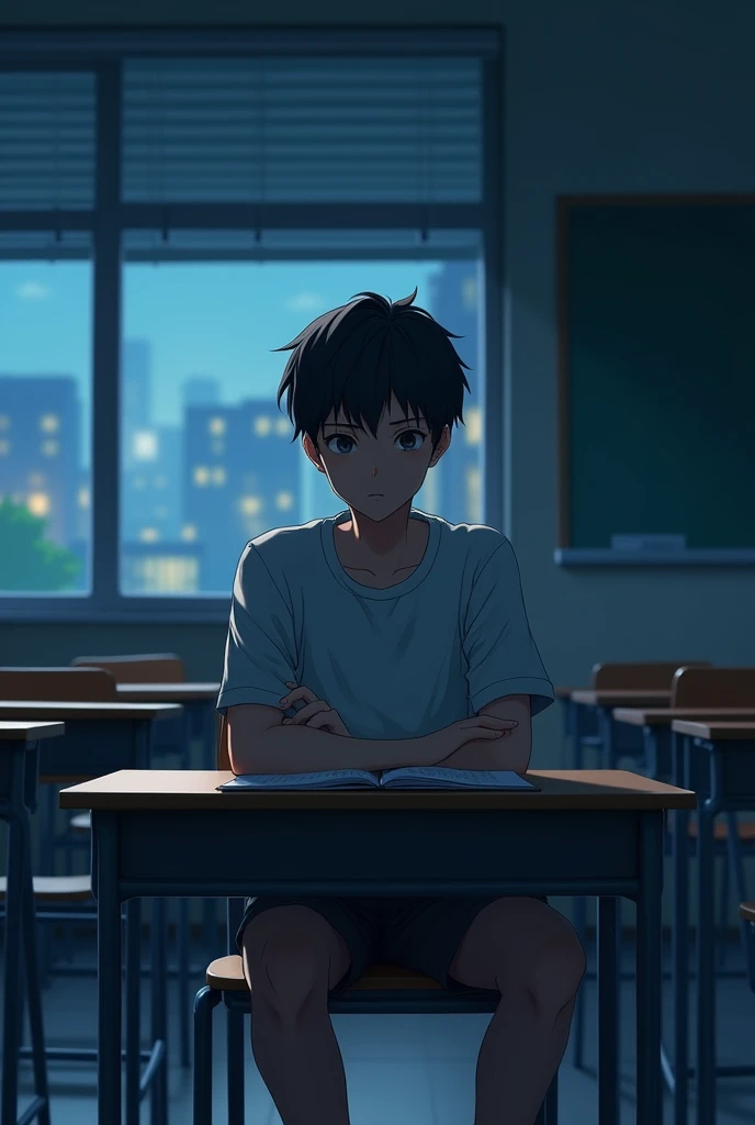 Night Classroom、man高校生、A youthful, cute face、A gentle smile
Sitting alone in the classroom、Relaxing in their own seat, illustrated、man、Listening to a conversation nearby、Illustration from the front、Short-haired and boyish