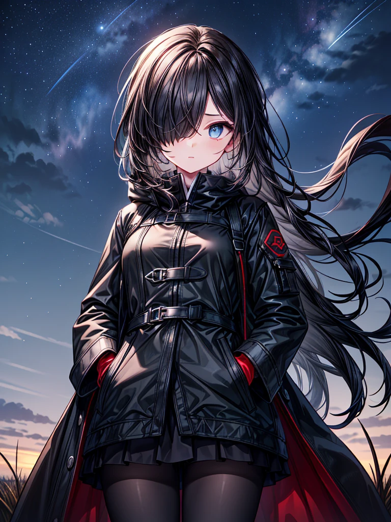 ((Oriental Project)),((masterpiece)),((Highest quality)),((Fascinating)),((alone)),((Deep blue pupils)),((Beautiful Blue Eyes)),((Wearing a black coat)),((Wear a black aura)),((Wearing a black mini skirt,She is wearing black tights under her skirt)),((Slim body)),((length, Shiny black hair)),((Hair blowing in the wind)),((Her hair is parted, and you can see her eyes through it)),((Wearing black gloves)),((hair over one eye,long hair)),((Put your hands in your pockets)),((Complex background)),((Fantastic night starry sky)),((prairie))