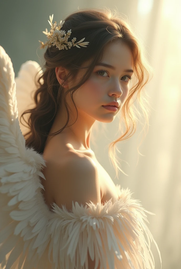 1 girl ,angel, feathers, not wearing clothes, NUDE,(high resolution, Highly detailed, best quality), Medium bust