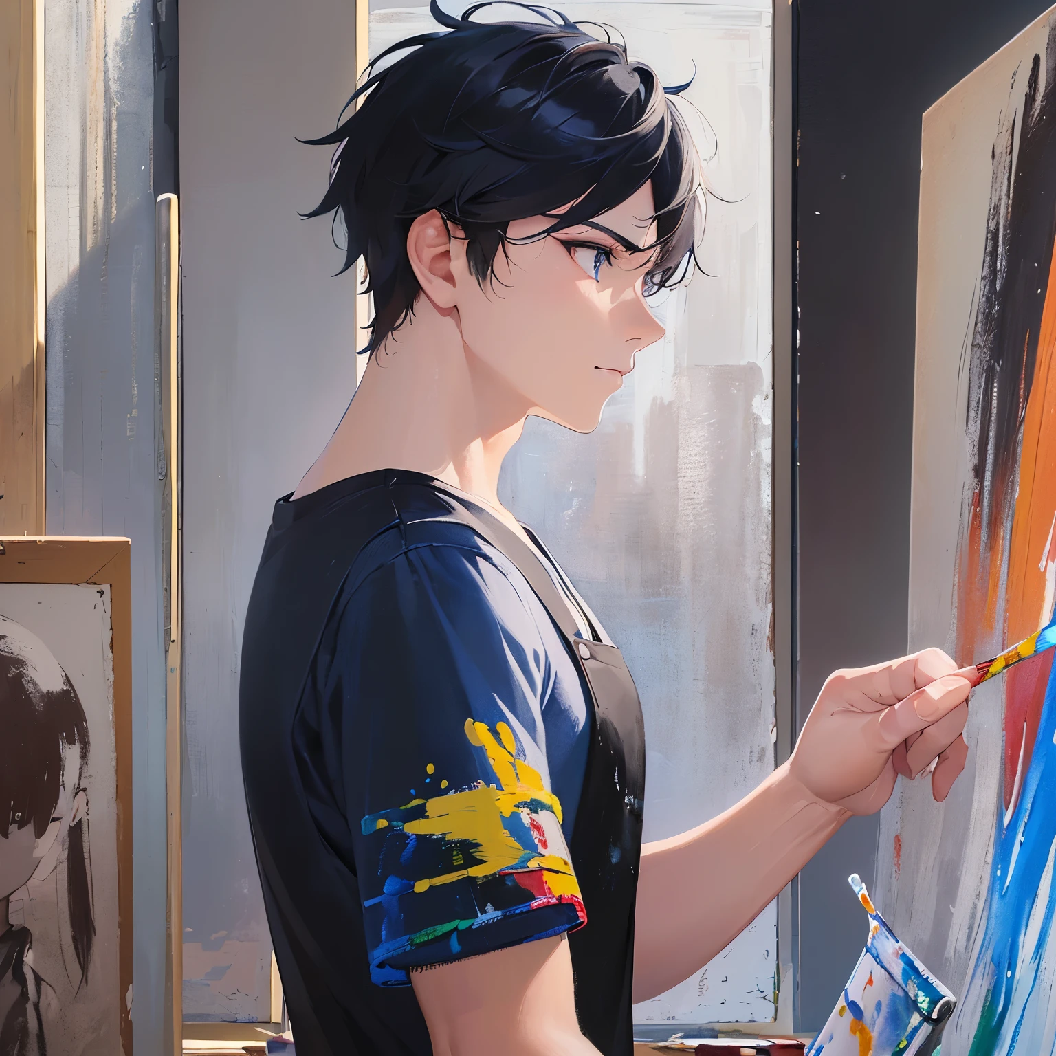 (painting on canvas:1.5)、(looking away:1.5),(25-year-old male:1.3) and (Black short hair) and (blue eyes), ,Side shot、upper body、
shiny skin, masterpiece、Highest quality、
(black T shirts)、apron、canvas、
Serious,Art Room