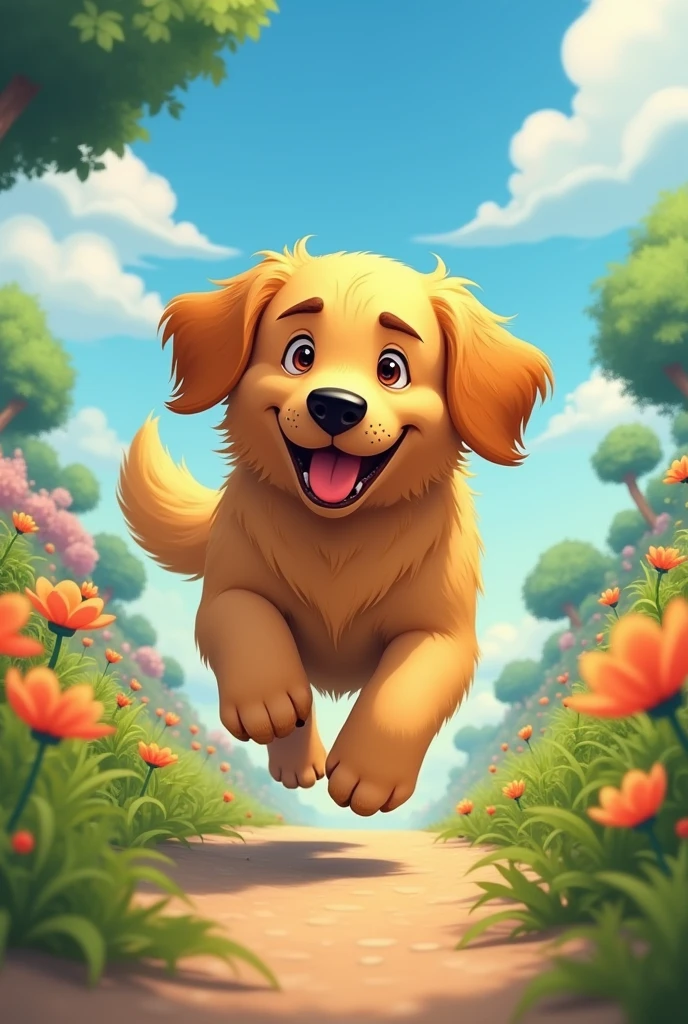 Golden Retriever、The eyebrows are distinctive、Sticking out tongue、Eyes are round、running、Ghibli style