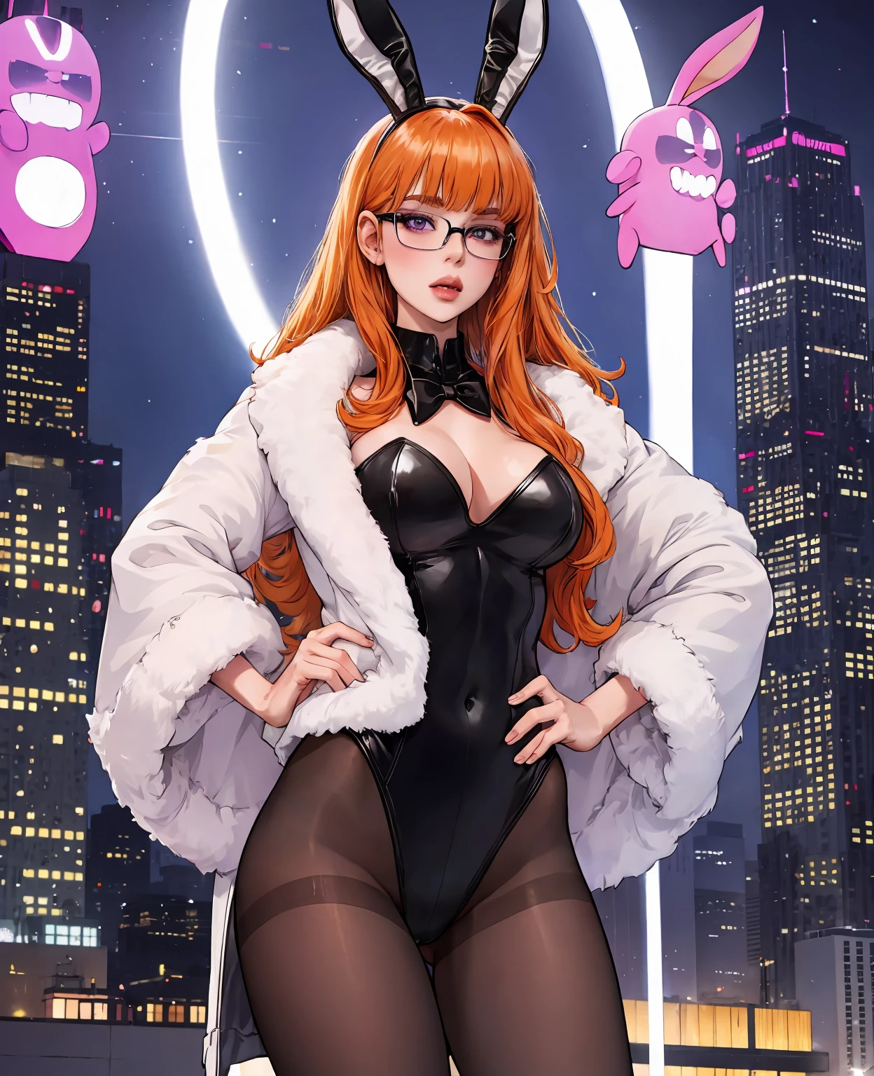 (best quality, masterpiece), depth of field, blurry background, cowboy_shot, thick thighs, standing, solo, 1girl, long orange hair, (ahoge:0.9), glasses, blunt bangs, purple eyes, (full-face blush), ((playboy bunny, pantyhose, bunny ears, highleg, highleg leotard, black leotard, leotard)), bar, night club, night,