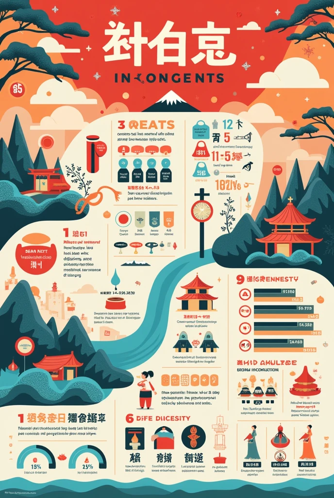 Japanese infographics written in english translated, creative art, colorful