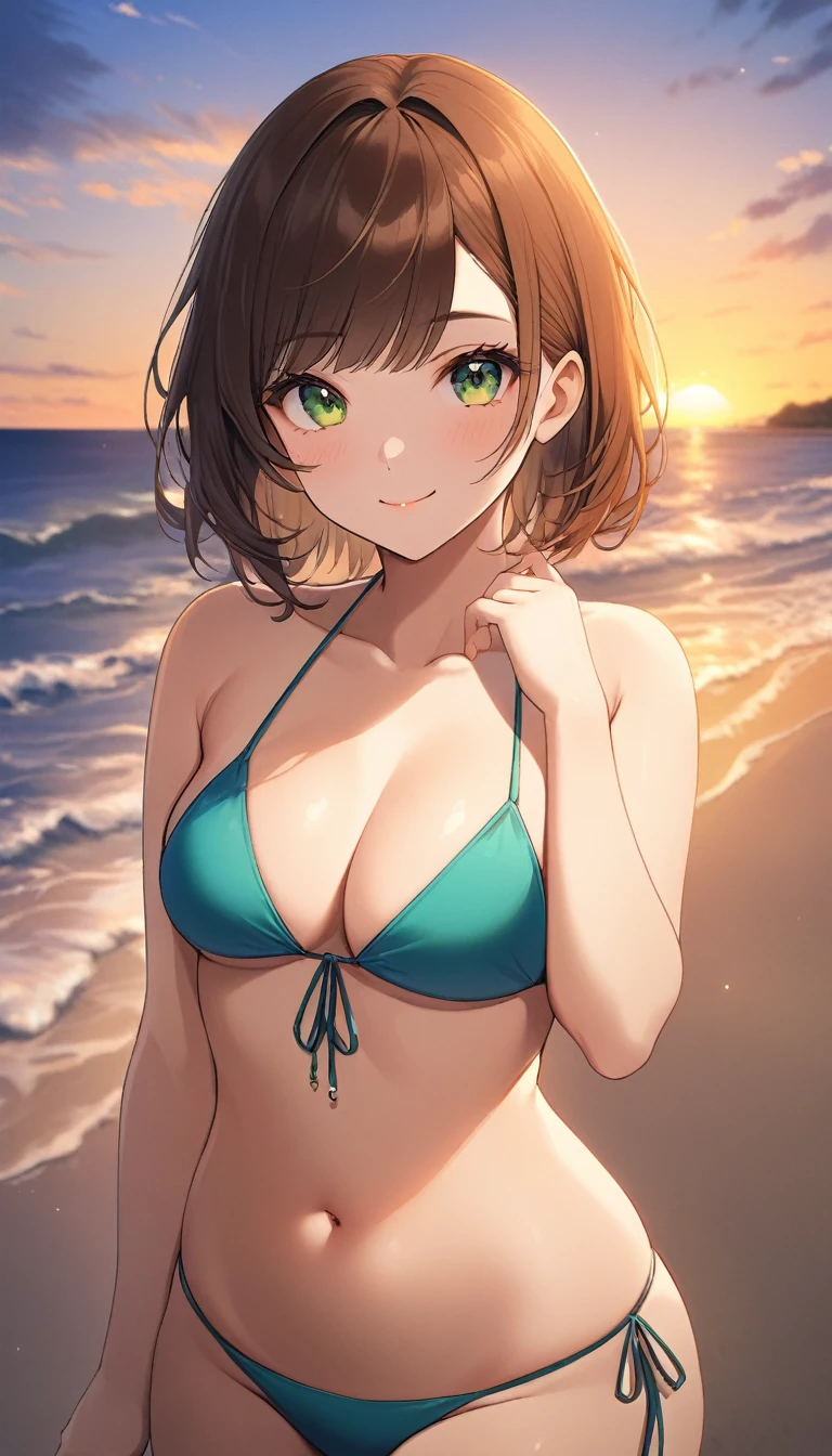 ultra high quality, 1girl, beautiful woman, 20 years old, short brown hair, green eyes, curvy figure, wearing bikini, beach background, sunset lighting, looking at viewer, slight smile, detailed skin texture, professional photography style