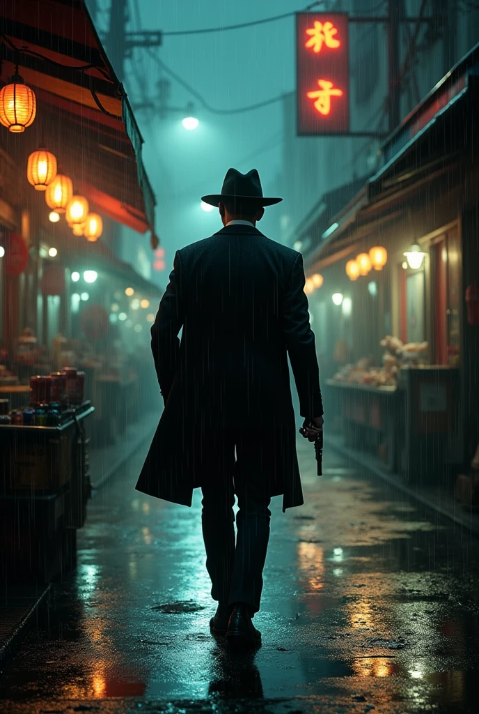 A notorious gangster walking in the night streets of a gangster area having all normal people walking around,having a vintage pistol in hand and a cigarette in another hand ,it has to be raining ,there should be street lights ,there should be danger symbols , there should be some shops with lights ,and lightings all over the night market ,he should walk in the street ,and the photo should be from his back with shade