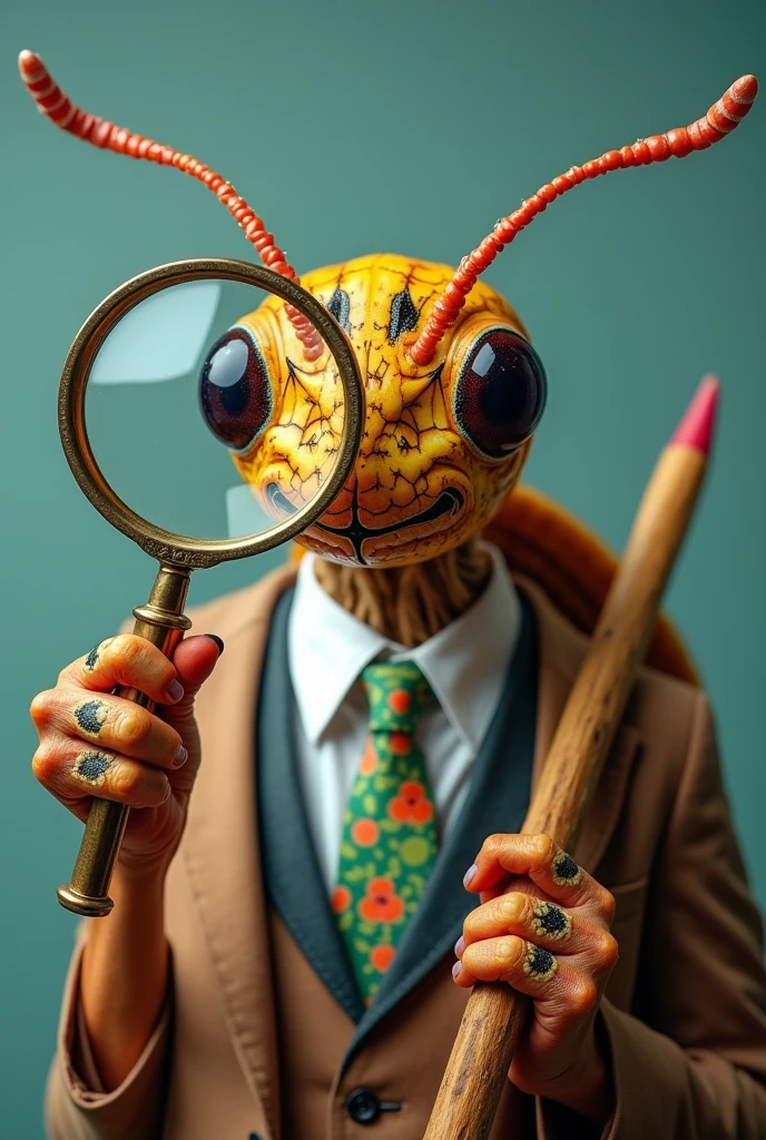 a man with cockroach-like features, wearing a colorful, patterned toothpick with a tie and holding a large magnifying glass that covers one of his eyes, a fun and eye-catching image