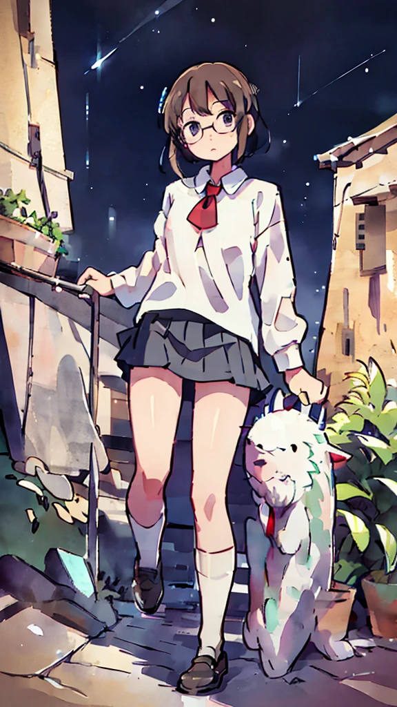 Dazzling Light、Many towers in the distance、Big Moon、metropolis、Tall buildings、Looking up at the stars、water、Midnight、Moon、Blue light、sky、sea、Nsfw、masterpiece, high quality, 4K, HDR,, Stable Diffusion prompt:  schoolgirl with short、brown hair and red-framed glasses, wearing a white blouse and navy skirt, white panties visible, navy socks and brown loafers, in a state of arousal and trembling with sexual climax,simple illustration style, In a nichijou (everyday life) Setting Image generation AI model used: Stable Diffusion (eleet- model)

id: i2