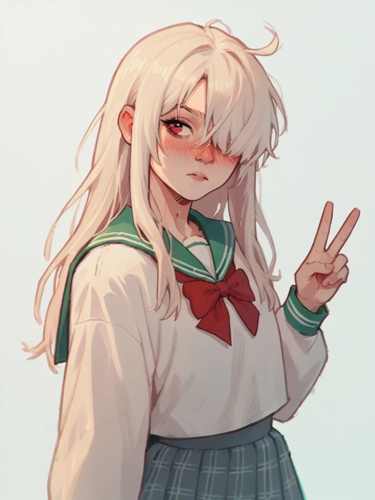 score_9, score_8_up, score_7_up, score_6_up, score_5_up, score_4_up, 1girl, Fr3ckles, red eyes, white long hair, bangs , ju1ch3,hair over one eye,nose blush,High school uniform, Victory sign,